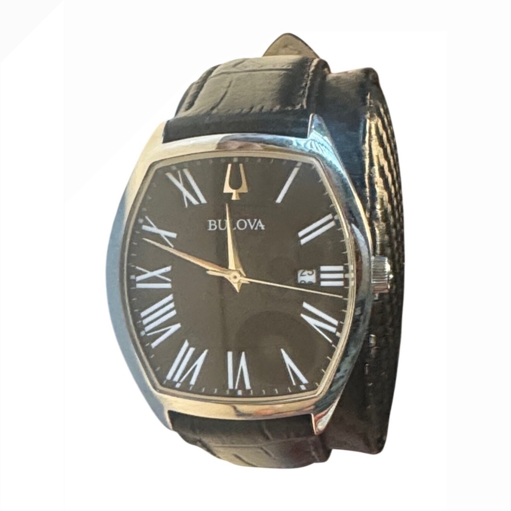 Bulova Watch Mens OS Black Roman Numeral Tonneau Leather Strap 96B290‎